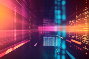 Obraz premium An abstract digital background with glowing horizontal lines in vibrant orange, cyan, and magenta, creating motion.