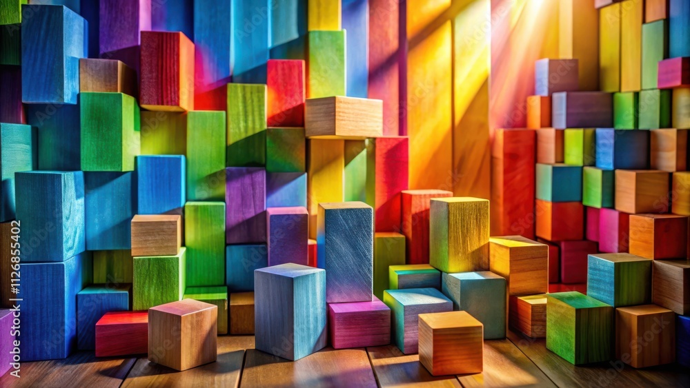 Poster A colorful arrangement of wooden blocks stacked in a playful pattern, bathed in warm sunlight, creating vibrant shadows and showcasing the beauty of simple shapes and bold hues.