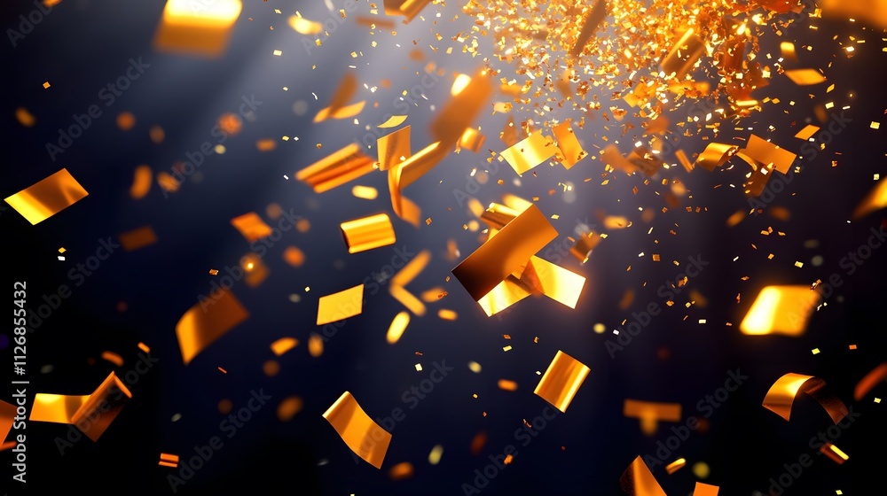 Poster a dynamic display of golden confetti falling against a dark background, creating a celebratory mood.