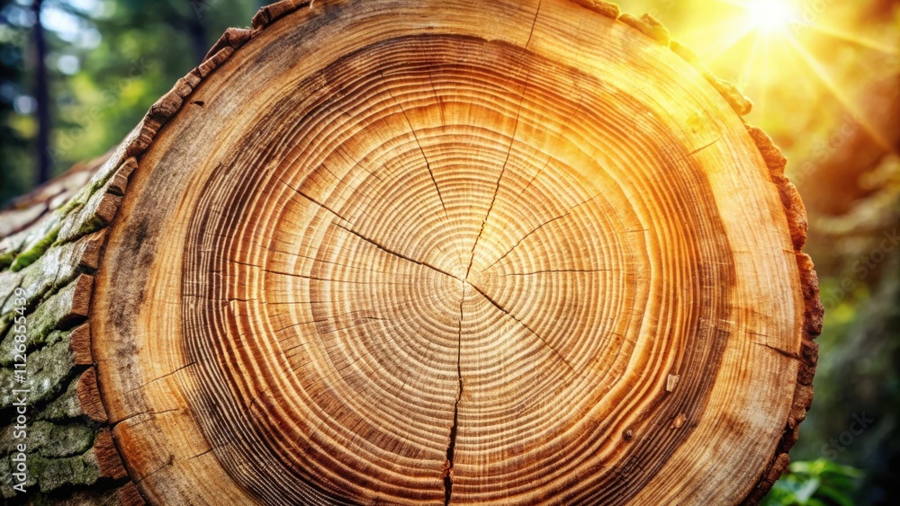 Poster a close-up of a tree trunk cross-section, revealing concentric rings and a rich, textured surface, b
