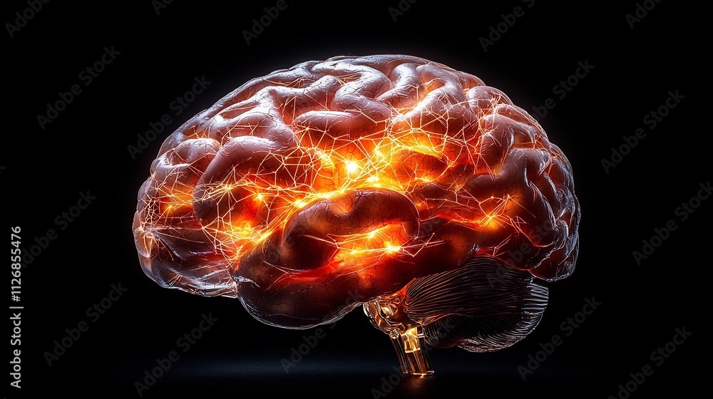 Poster illuminated brain model with glowing network patterns symbolizing cognitive support and innovation f