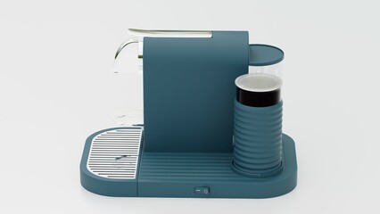 Realistic 3D coffee machine design, showcasing an espresso maker with a sleek, modern style. Perfect for home appliance branding, advertisements, and product mockups. High-quality render for promotion