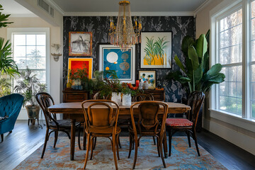 Fototapeta premium Eclectic dining room with mismatched chairs, a vintage table, and colorful wall art for a playful yet cohesive look