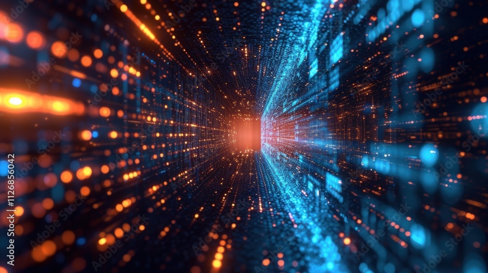 Poster flowing through a digital tunnel, orange and blue binary code particles create a vibrant display, em