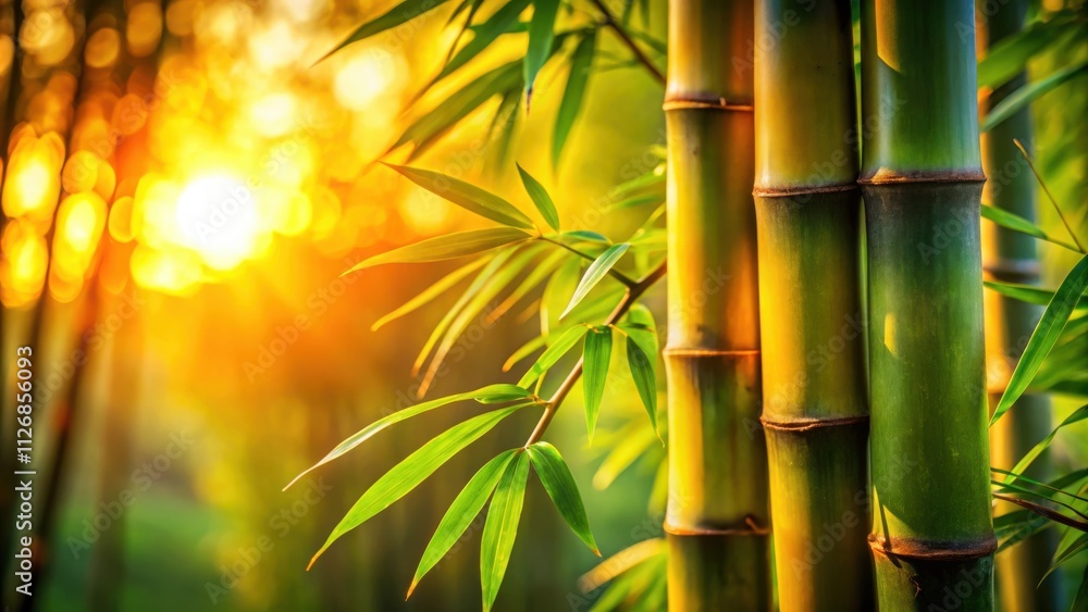 Poster A close-up view of bamboo stalks in a grove with the sun shining through the leaves, casting warm light and creating a serene atmosphere.