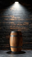 A tall oak barrel standing against a brick wall with a spotlight overhead.