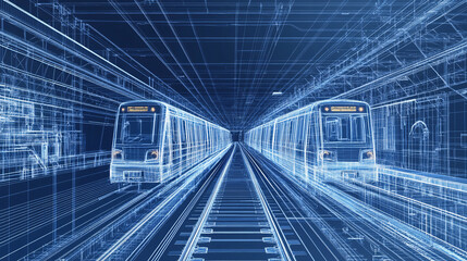 Blueprint-style illustration of an underground subway station with trains in motion, highlighting urban transportation systems. 