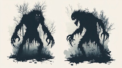 Two Shadowy Forest Monsters Stand Tall Among Bare Trees
