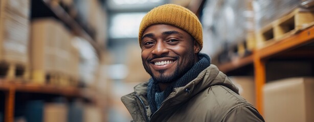 Smiling man in warehouse with boxes.