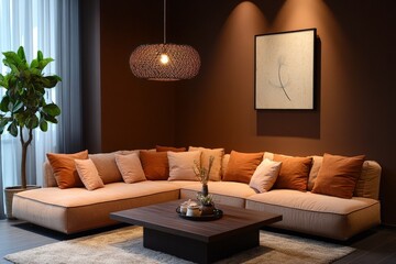 Modern living room with cozy beige sofa and stylish decor
