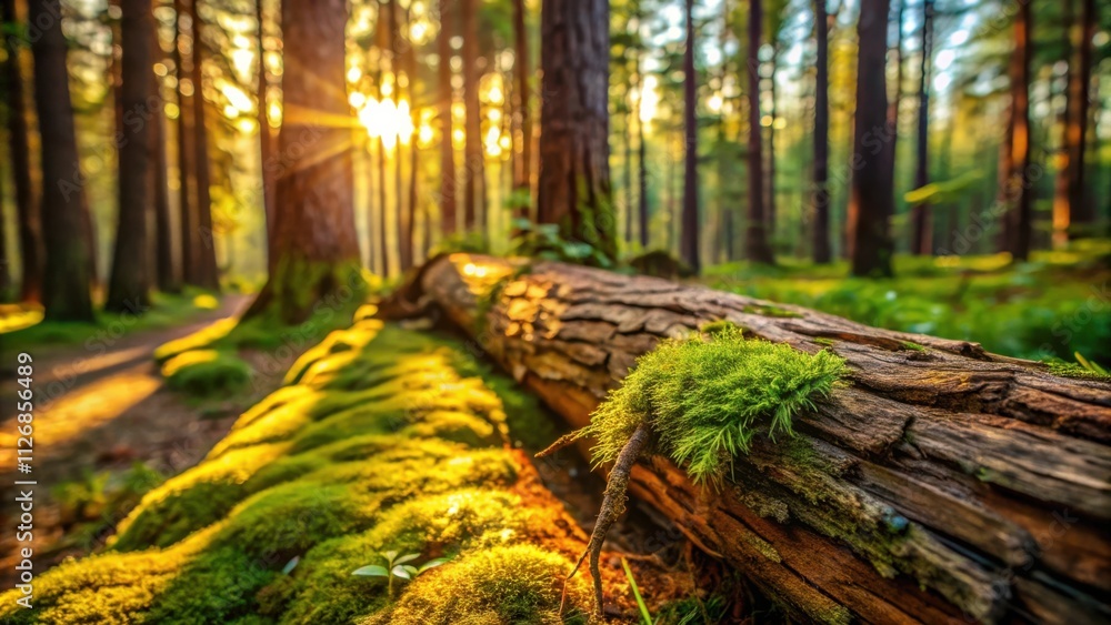 Poster Sunlight filters through the canopy of trees in a lush forest, casting a warm glow on moss-covered logs and the forest floor.