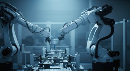 Futuristic robotic arms in automated manufacturing process