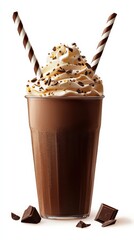 A tall chocolate milkshake with two striped straws and a swirl of whipped cream.