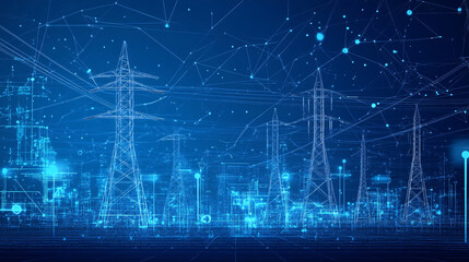 Blueprint-style line illustration of a futuristic smart grid system with power lines and energy nodes, symbolizing efficient energy distribution. 