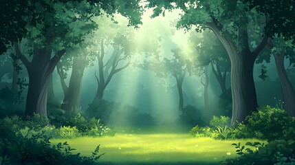 Obraz premium Sunlit Forest Clearing Peaceful Green Woodscape