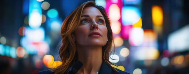 Woman gazing at neon lights in the city.