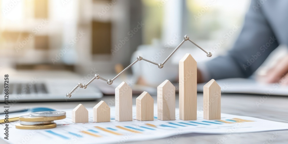 Poster value and price in commerce concept. visual of a financial graph with wooden blocks representing gro