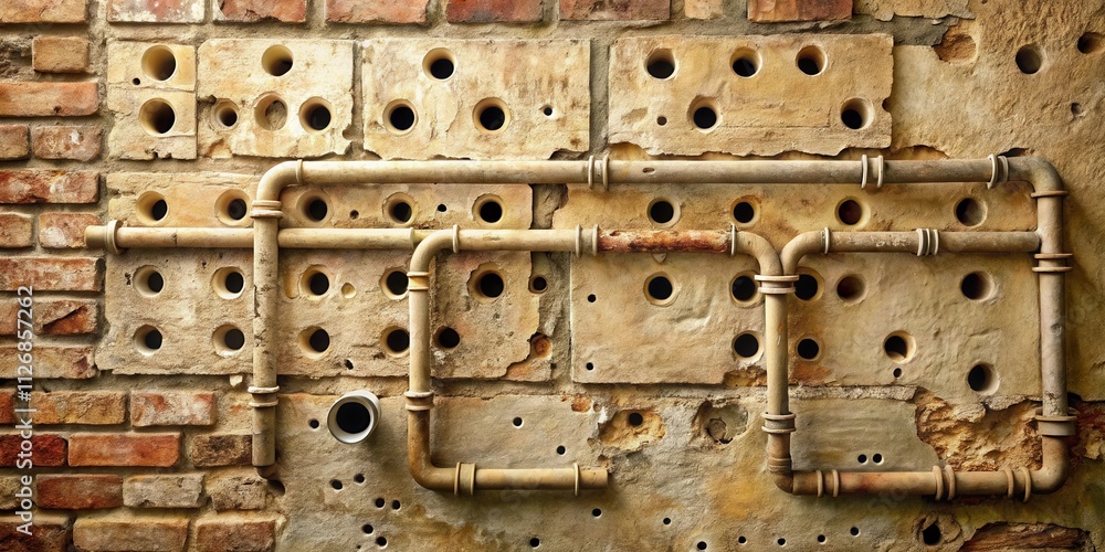 Poster a weathered brick wall adorned with a network of aged pipes, creating a rustic and industrial aesthe