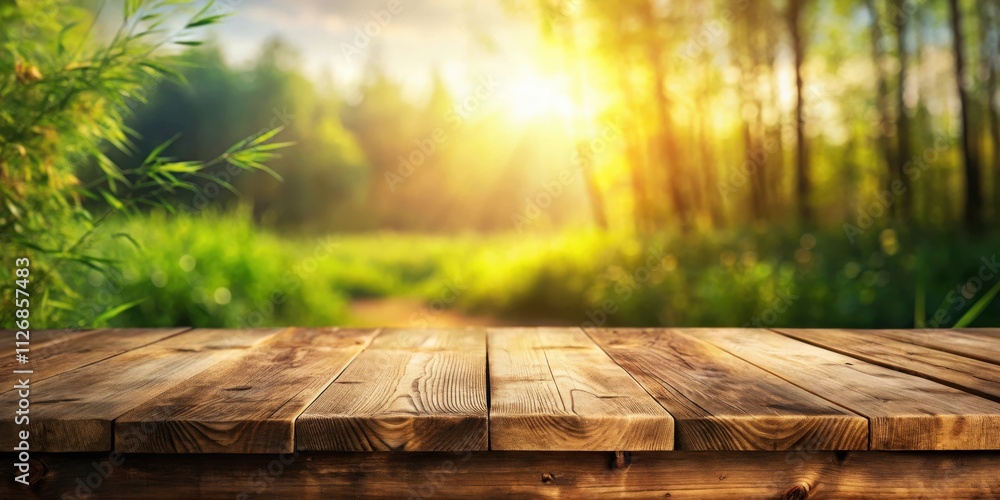Poster Empty Rustic Wooden Tabletop with a Defocused View of a Lush Forest Under the Warm Glow of the Setting Sun