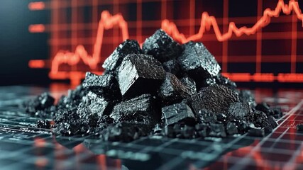Black metallic ore pile on graph background depicting fluctuating market trends in 4K - Powered by Adobe