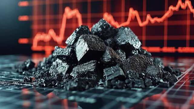 Black metallic ore pile on graph background depicting fluctuating market trends in 4K