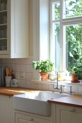 Bright and Airy Farmhouse-Style Kitchen with Potted Plants