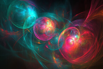 Obraz premium An abstract digital background of floating orbs in vibrant teal, red, and magenta, emitting soft light on a dark canvas.