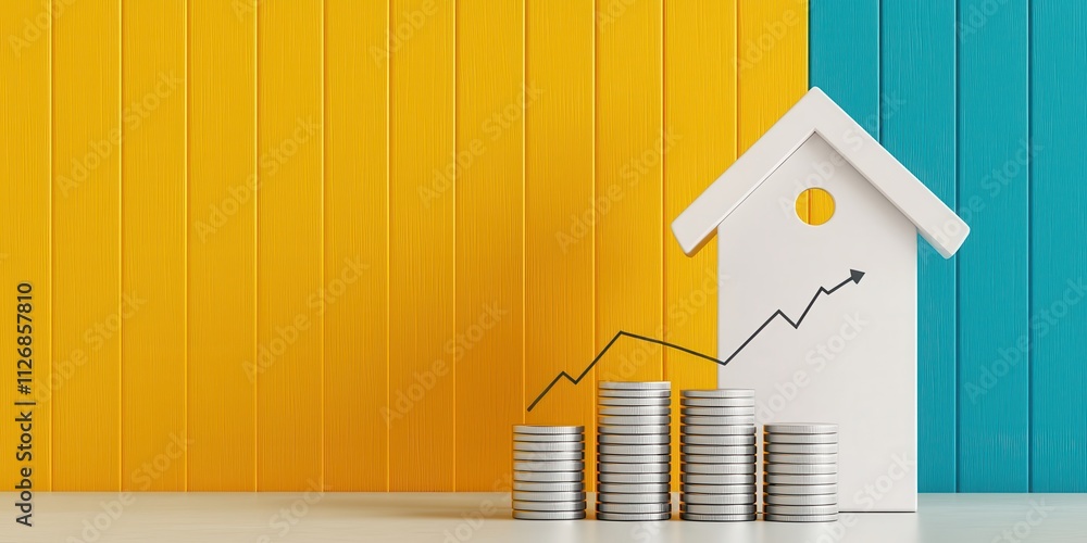 Poster value and price in commerce concept. a model house with coins and a rising graph against a colorful 