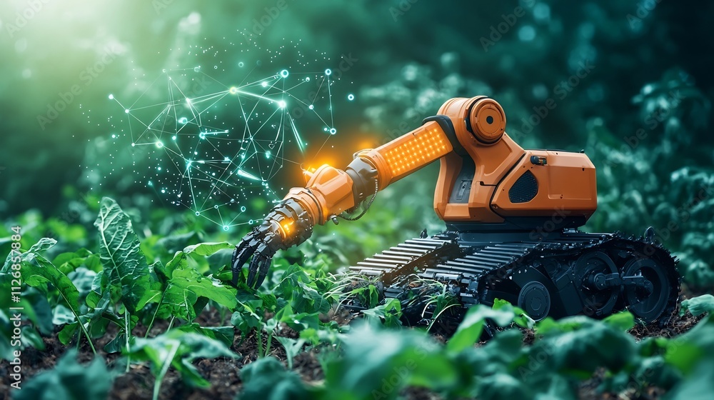 Poster autonomous agricultural robot harvesting crops in a field connected to a digital network represented