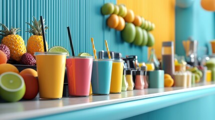A smoothie shop counter with colorful drinks and exotic fruit decor.