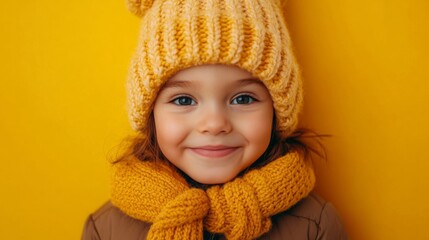 inspired wit idea child in knitted hat. kid wear warm clothes on yellow background