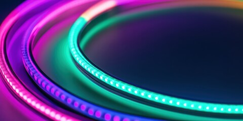 Close-up of radiant neon arcs transitioning between deep violet and bright green, highlighting fluidity.