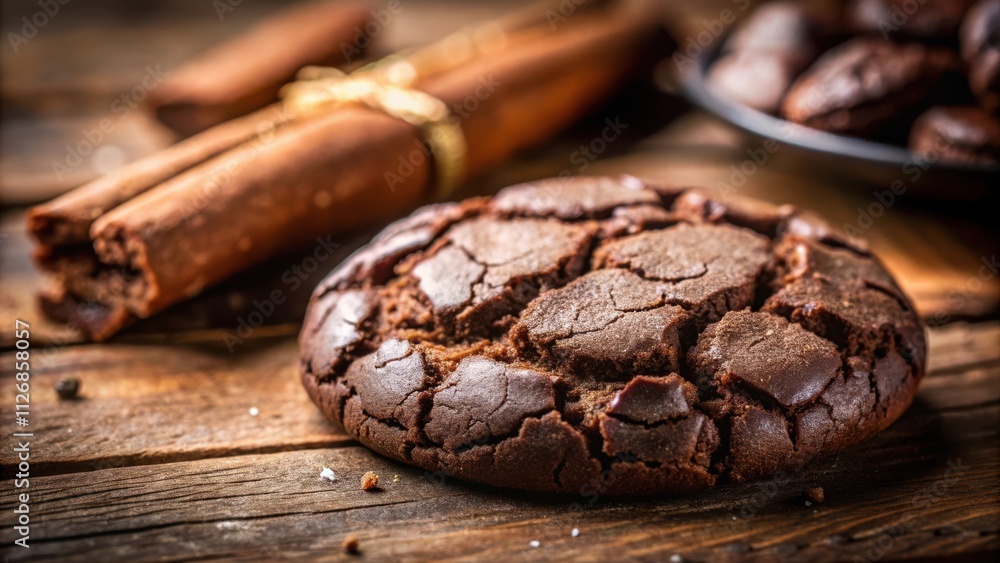 Poster a single chocolate cookie with a cracked surface sitting on a wooden table with cinnamon sticks in t