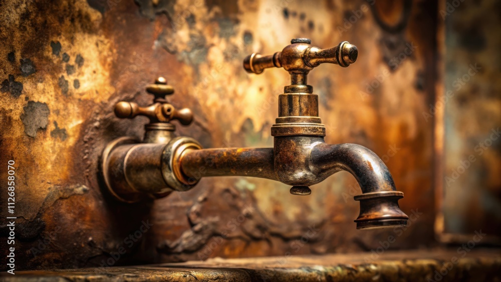 Poster an aged brass faucet with intricate details protrudes from a rustic, textured wall, showcasing the p
