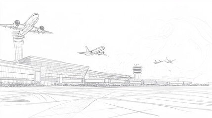 Detailed line drawing of a modern airport with airplanes taking off and landing, emphasizing air travel and global connectivity. 