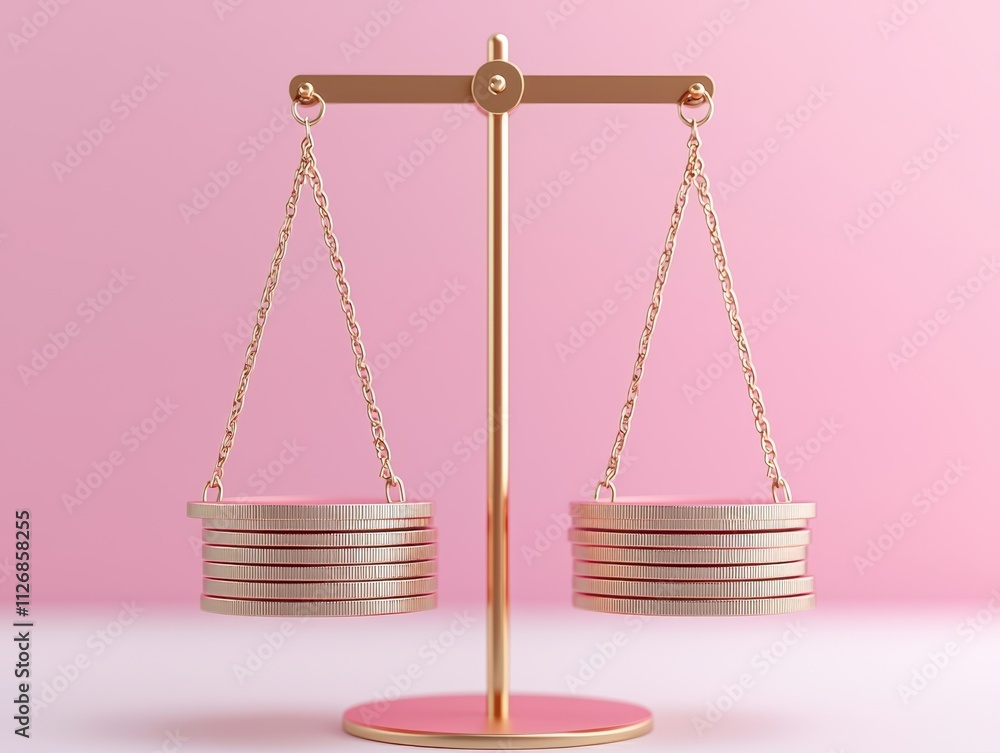 Poster value and price in commerce concept. a golden balance scale with stacks of coins on either side agai