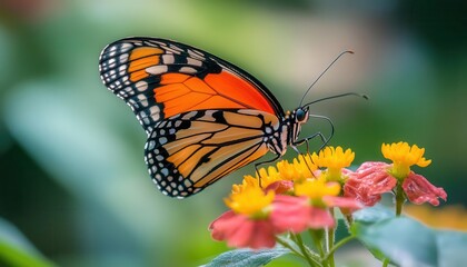 Fototapeta premium Butterfly perched on flower with vibrant wings, soft lighting, peaceful garden atmosphere