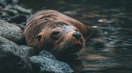 Relaxed Sea Lion Resting on Rocky Shoreline Beneath Calm Waters, Showcasing Its Playful Nature and Unique Facial Features in a Serene Coastal Environment