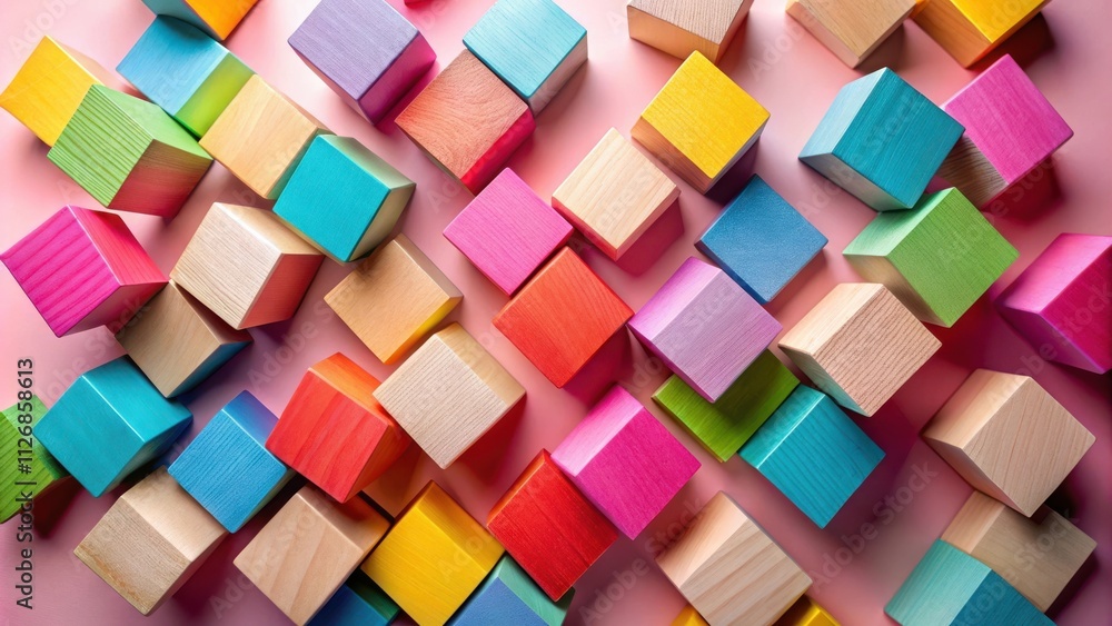 Poster Colorful wooden blocks arranged in a playful and abstract pattern on a light pink background.