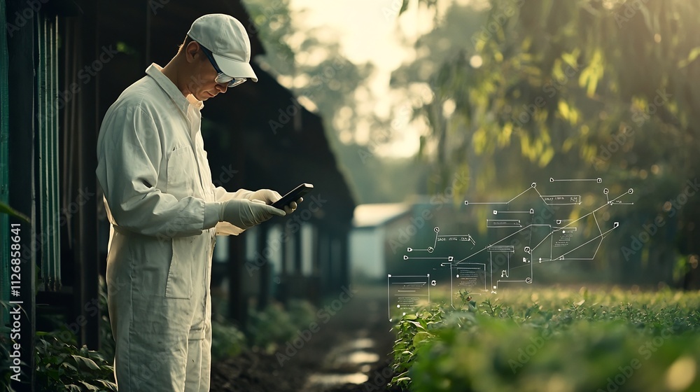 Poster farmer using a handheld device to analyze soil network diagrams and data visualizations overlaying t
