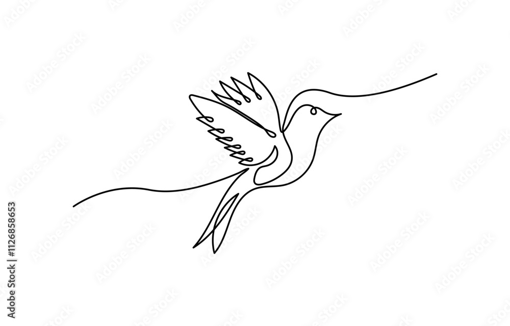 Poster one continuous line drawing of flying up dove. bird symbol of peace and freedom in simple linear sty