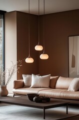 Modern living room with beige sofa and elegant pendant lights in minimalist design