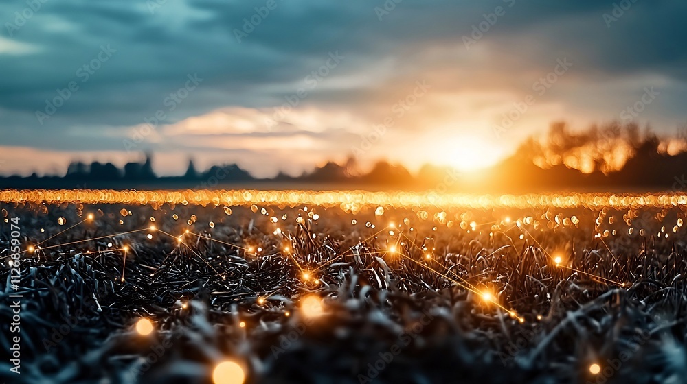 Poster interconnected network of weather monitoring stations in a picturesque field with glowing lines and 