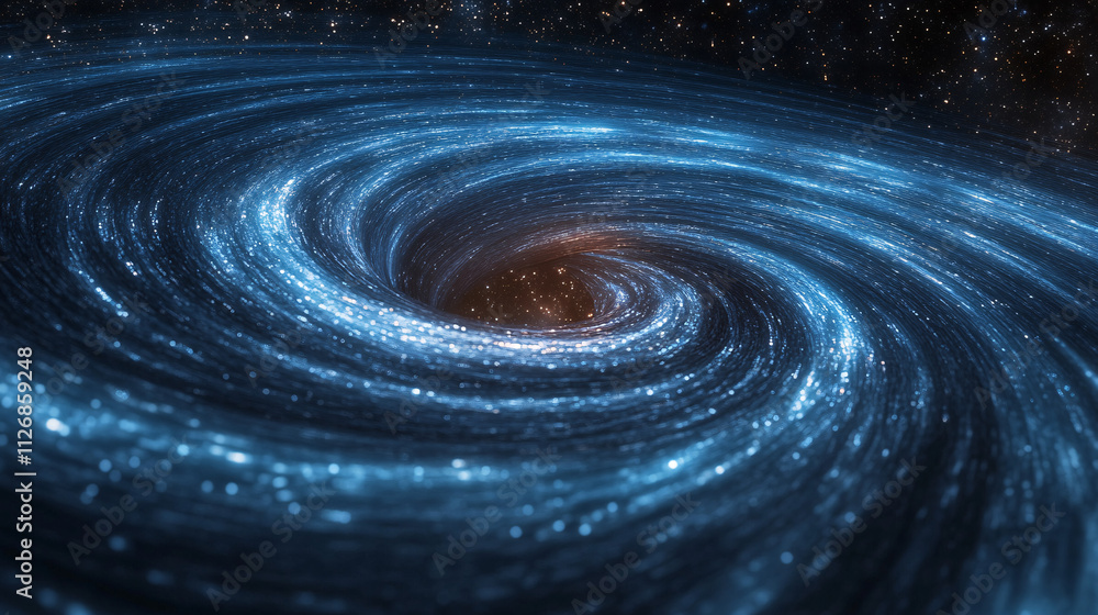 Poster glowing sound waves spiraling toward a black hole, representing the science of sound in outer space.