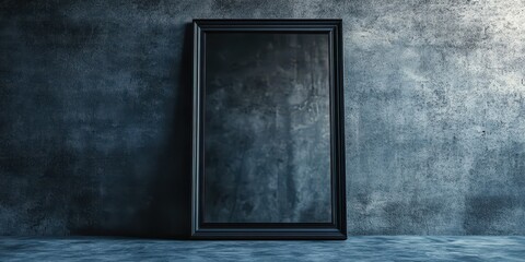 Glossy black mirror with subtle ambient lighting against a textured concrete backdrop.