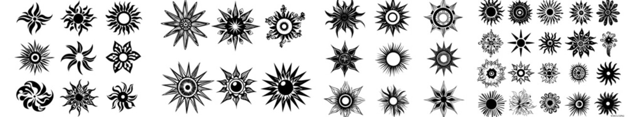 **Sunshine silhouette icon. Warm summer weather depicted with a black graphic symbol, modern and isolated. A collection of black monochrome sun illustrations.**