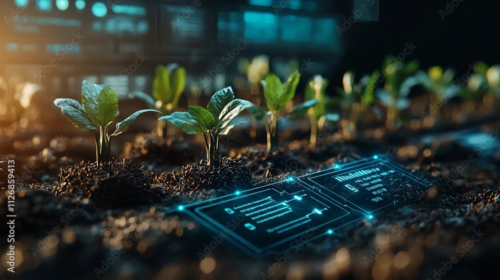 Poster a digital supply chain interface for precision agriculture displayed on a screen with network diagra