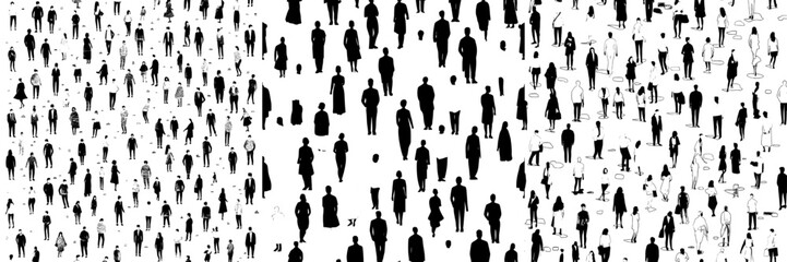 A seamless pattern of a crowd of people, featuring a monochrome background with diverse, unrecognizable business men and women depicted as glyph icons in black and white silhouette illustration.