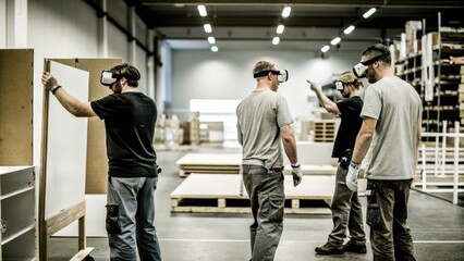 A team assembling a product on the warehouse floor with augmented reality overlays displaying stepbystep assembly instructions in their field of view.