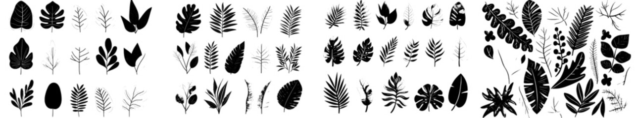 Fototapeta premium Silhouettes of tropical leaves. A collection of black silhouettes featuring palm tree leaves, coconut trees, and monstera leaves in a modern illustration. Monochrome black silhouettes of tropical